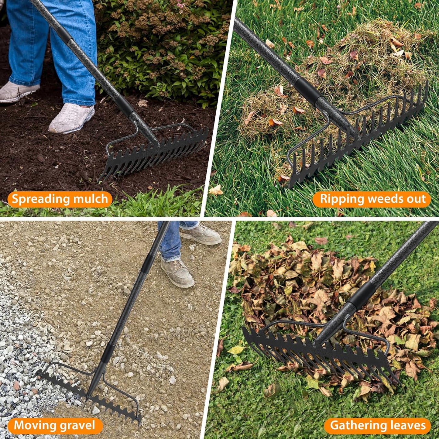 Garden Leaf Rake with 77 Inch Handle, Heavy Duty 17 Inch Wide Metal Garden Lawn Rake for Loosening Soil Raking Leaf Leveling Rocks Spreading Mulch Gravel, Rustproof Metal Bow Rakes Garden Tools