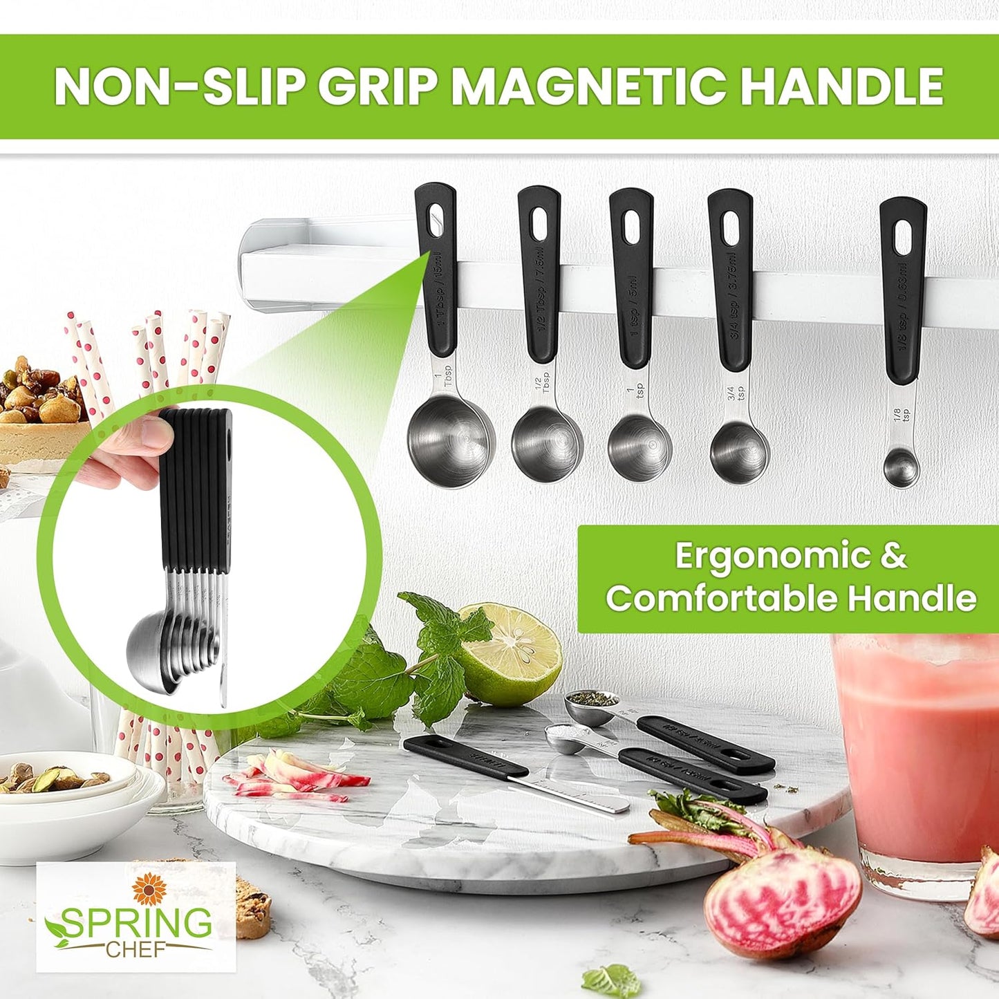 Spring Chef Magnetic Measuring Cups & Spoons Set (Patent Pending), Strong N45 Magnets, Heavy Duty Stainless Steel Fits in Spice Jars for Baking & Cooking, BPA Free, Round Set of 15 with Leveler, Black