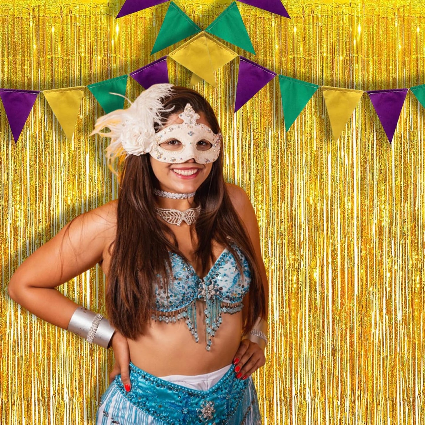 BRAVESHINE Gold Tinsel Foil Fringe Curtains - 2Pcs 3.2x8.2ft Holidays Photo Backdrop for Men 60th Birthdays/Bridal Wedding/Engagement/Anniversary/Hawaiian/Luau/Christmas/New Years Party Decorations