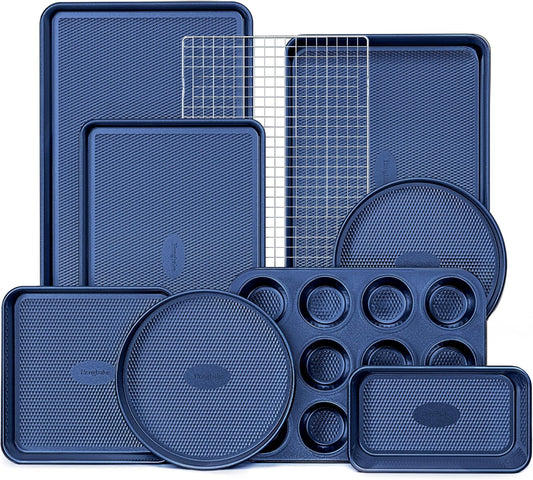 HONGBAKE 9-Piece Baking Pans Set Nonstick, Stackable Non Toxic Bakeware Sets with Diamond Texture, Oven Pan Set for Cooking, Includes Cookie Sheet with Rack, Cake Pan, Roasting Pan, Muffin Tin, Blue