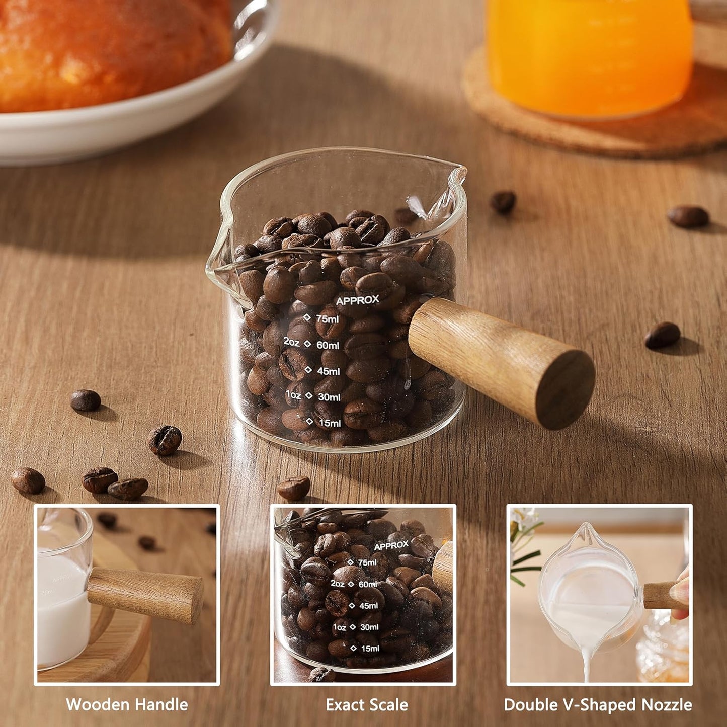 2 Pack Measuring Cups, Espresso Shot Glass with Wood Handle, Clear Glass with Dual Scale, Espresso Accessories with Double Spouts, 2.5 OZ /75 ML