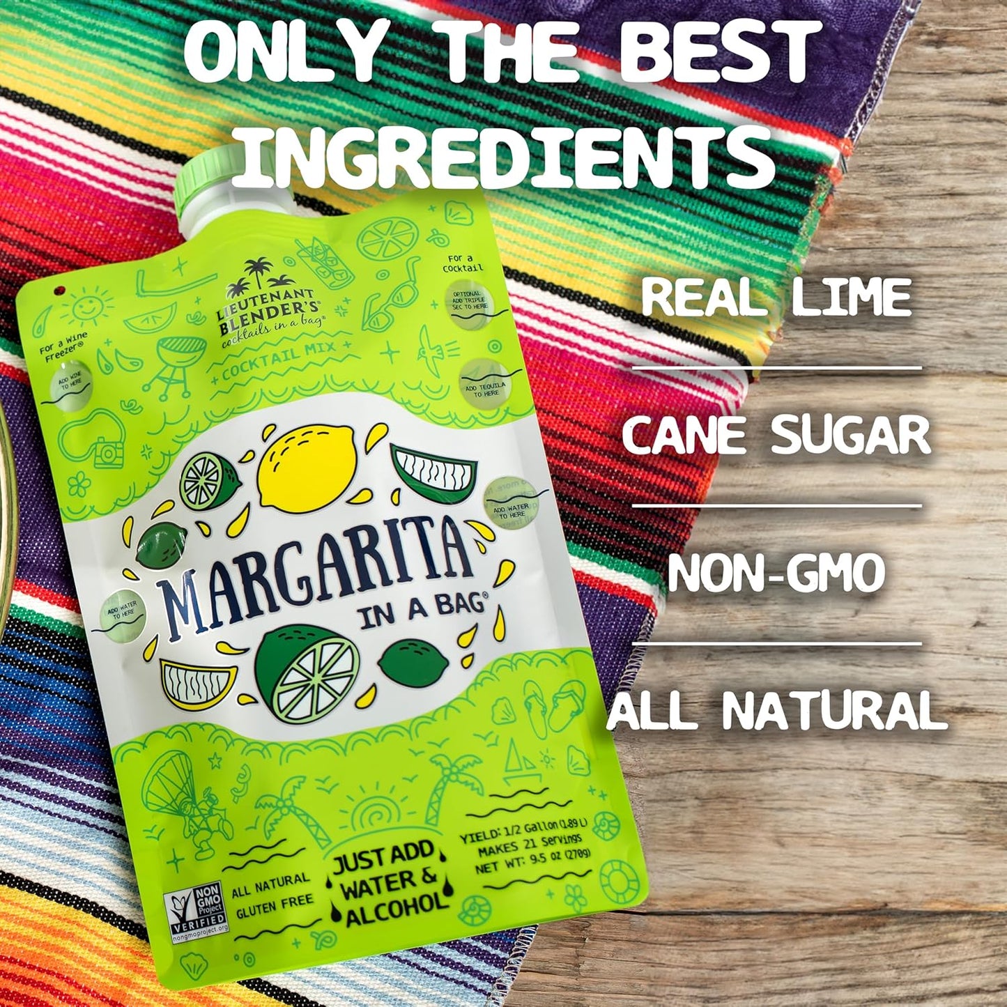 Lt. Blender's Margarita in a Bag - Margarita Mix - Each Bag Makes 1/2 Gallon of Frozen Margaritas – Non-GMO Cocktail Mix - No Blender Needed – Add Liquor, Wine or as a Mocktail (Pack of 4)