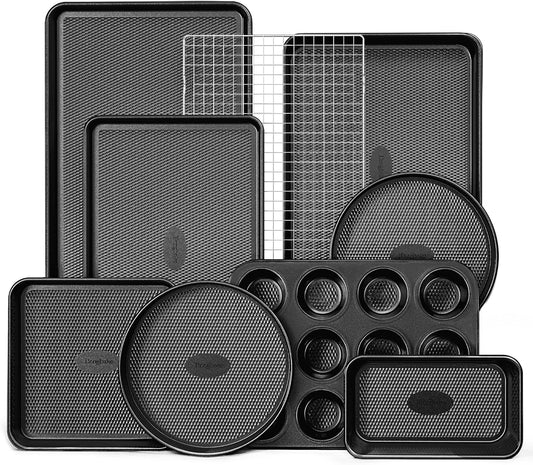 HONGBAKE 9-Piece Baking Pans Set Nonstick, Stackable Non Toxic Bakeware Sets with Diamond Texture, Oven Pan Set for Cooking, Includes Cookie Sheet with Rack, Cake Pan, Roasting Pan, Muffin Tin, Gray