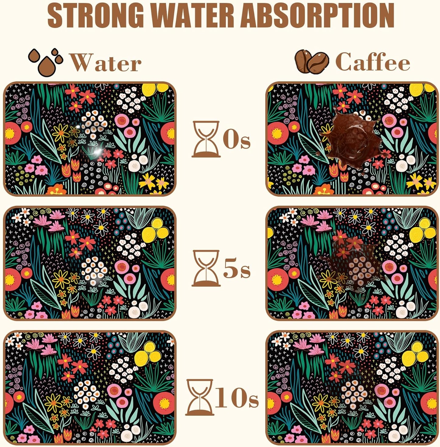 Dish Drying Mat Doodle Flower Meadow Coffee Bar Mat for Countertop Absorbent Rubber Backed Hide Stain Dish Drainer Rack Pad Coffee Pot Espresso Machine Dining Room Decoration 11.8 x 19.7 Inch