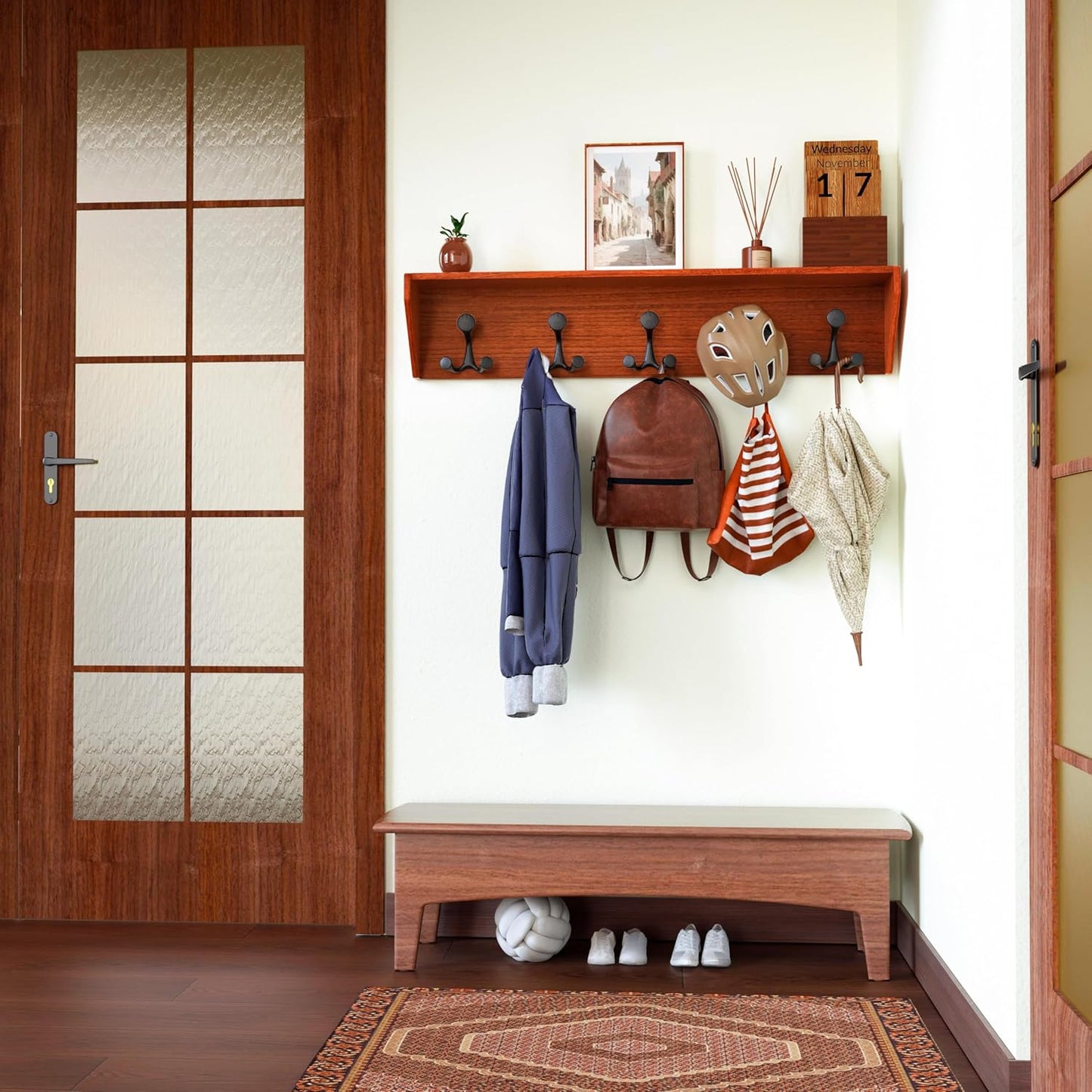 SKOLOO Wall Shelf with Hooks, 35-Inch Cherry Coat Rack Wall Mount with Shelf Organizer - Lightweight & Sturdy, 5 Tri Hooks - Perfect for Entryway, Hallway, Living Room, Bedroom, Mudroom