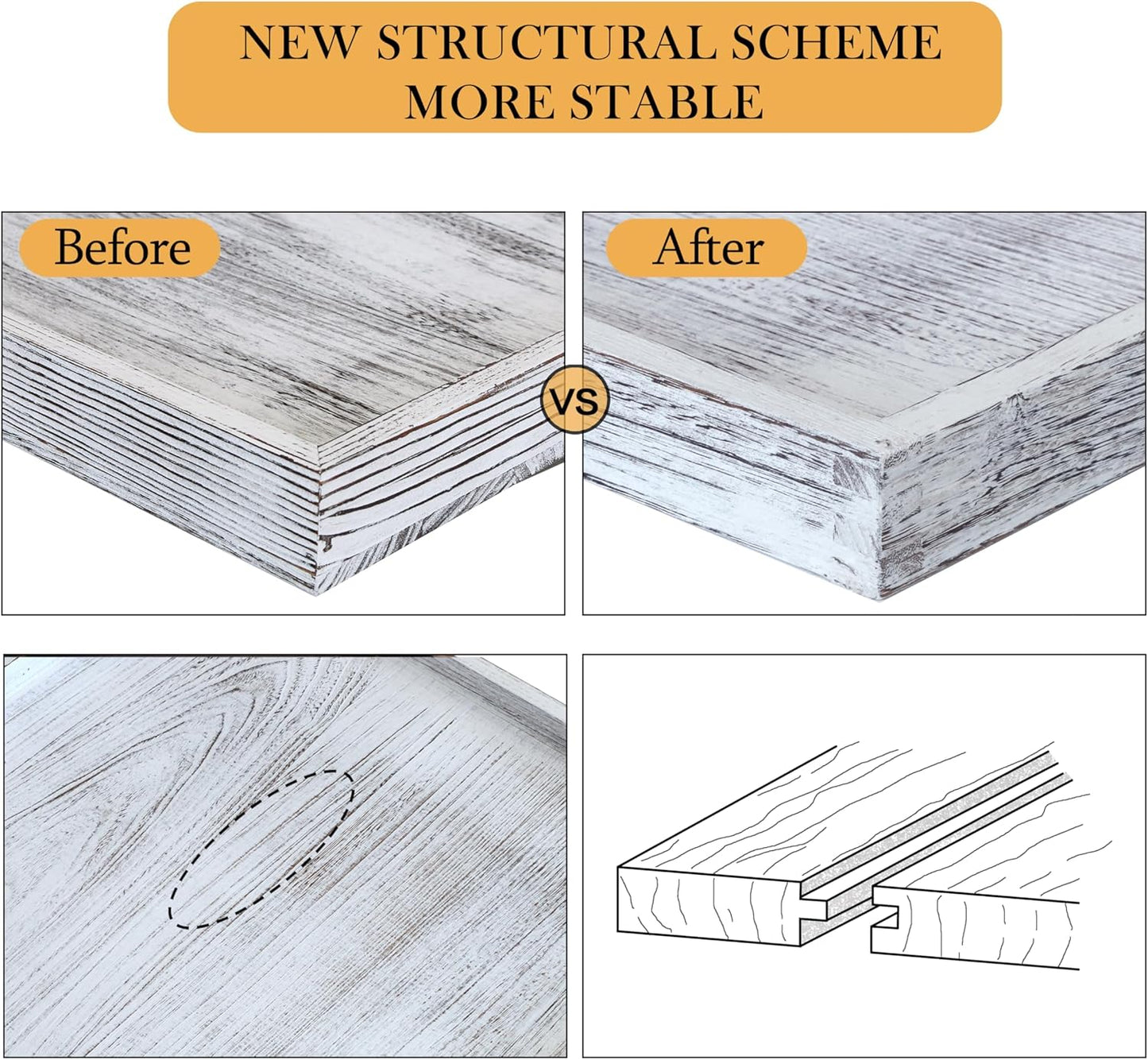Extra Large Square Ottoman Table Tray 24" - Rustic Wooden Serving Tray for Farmhouse Decorative Oversized Coffee Table Trays Living Room Kitchen Counter Breakfast Whitewash