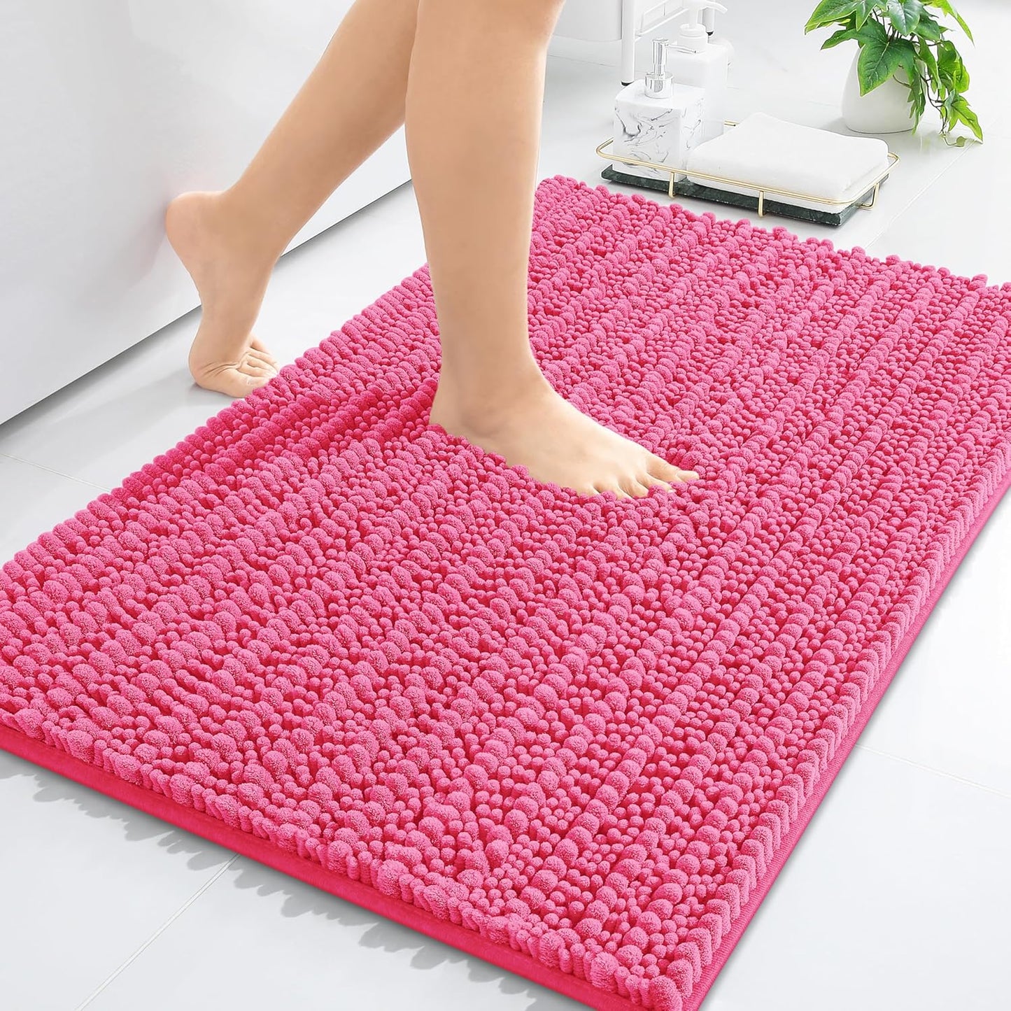 Arotive Luxury Chenille Bathroom Rug Mat, Extra Soft Thick Absorbent Shaggy Bath Rugs, Non-Slip Machine Wash Dry, Plush Bath Mats for Bathroom, Shower and Tub, 34x21, Deep Pink