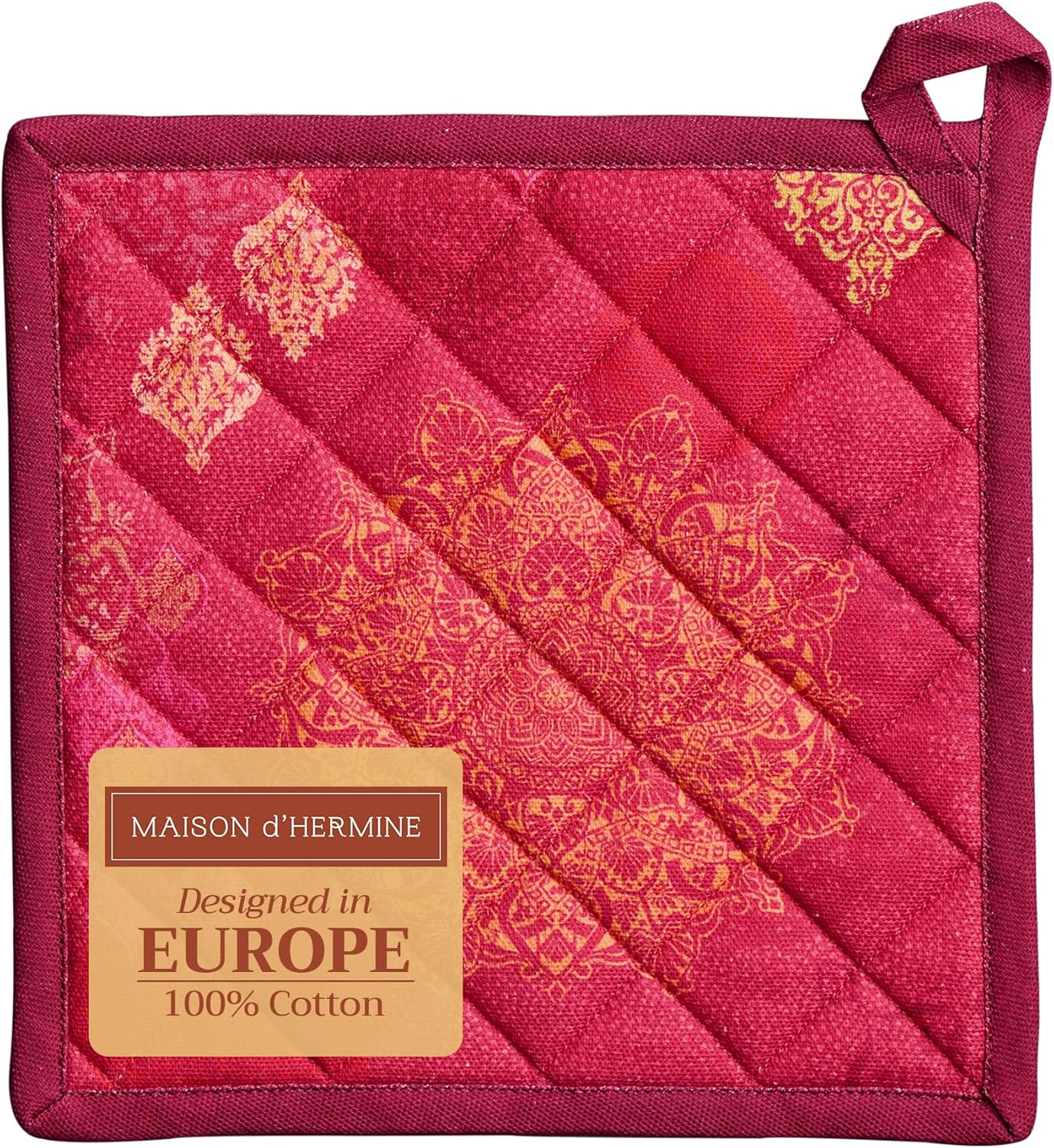 Maison d' Hermine Pot Holders 100% Cotton Heat Resistant Potholders 8" x 8" Hot Pads with Loop BBQ, Cooking, Baking, Grilling, Kitchen, Handling Hot Pans (Pack of 1, Versailles)