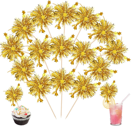 30 PCS Foil Firework Cupcake Toppers Star Cupcake Picks Sparkle Tinsel Flower Drink Stirrers Cocktail Food Fruit Toothpicks for Baby Shower Wedding Birthday Party Cake Decorations Supplies Gold