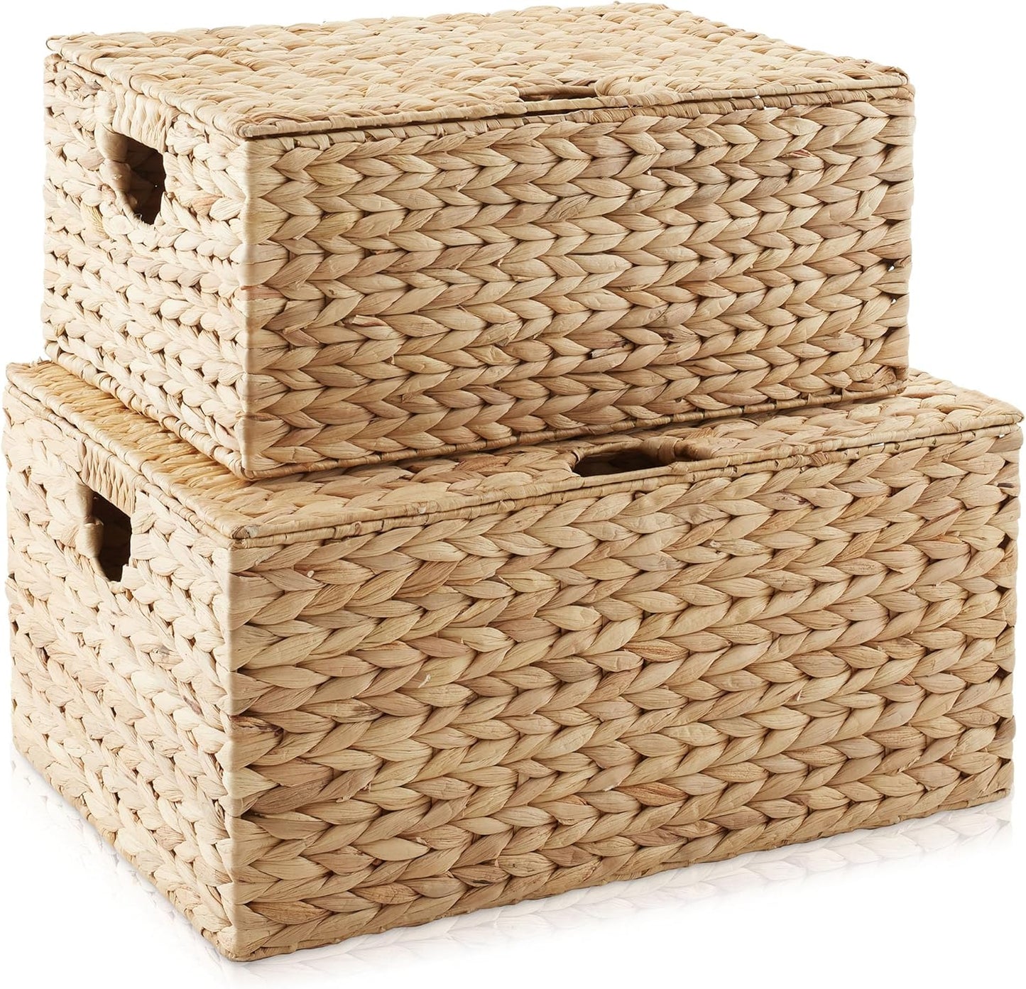 Casafield Set of 2 Water Hyacinth Rectangular Storage Baskets with Lids (Natural - Medium/Large) for Bedroom, Bathroom, Laundry, Home Office