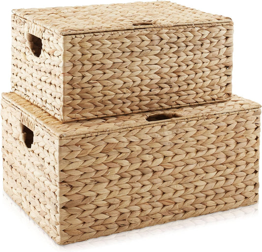 Casafield Set of 2 Water Hyacinth Rectangular Storage Baskets with Lids (Natural - Medium/Large) for Bedroom, Bathroom, Laundry, Home Office