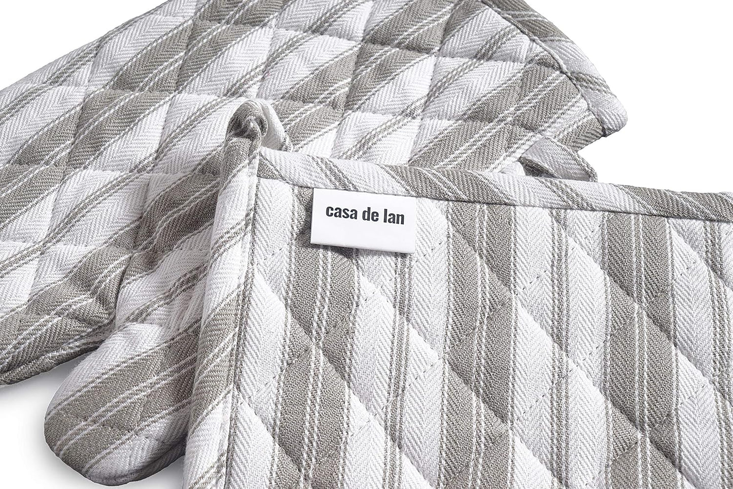 Oven Mitt & Potholder Set - Durable Heat Resistant Gloves - Thick Mittens for Kitchen - Suitable for Cooking, Baking, Grilling – BBQ - 1 Oven Mitts & 1 Potholders – Light Grey Stripes - Casa De Lan