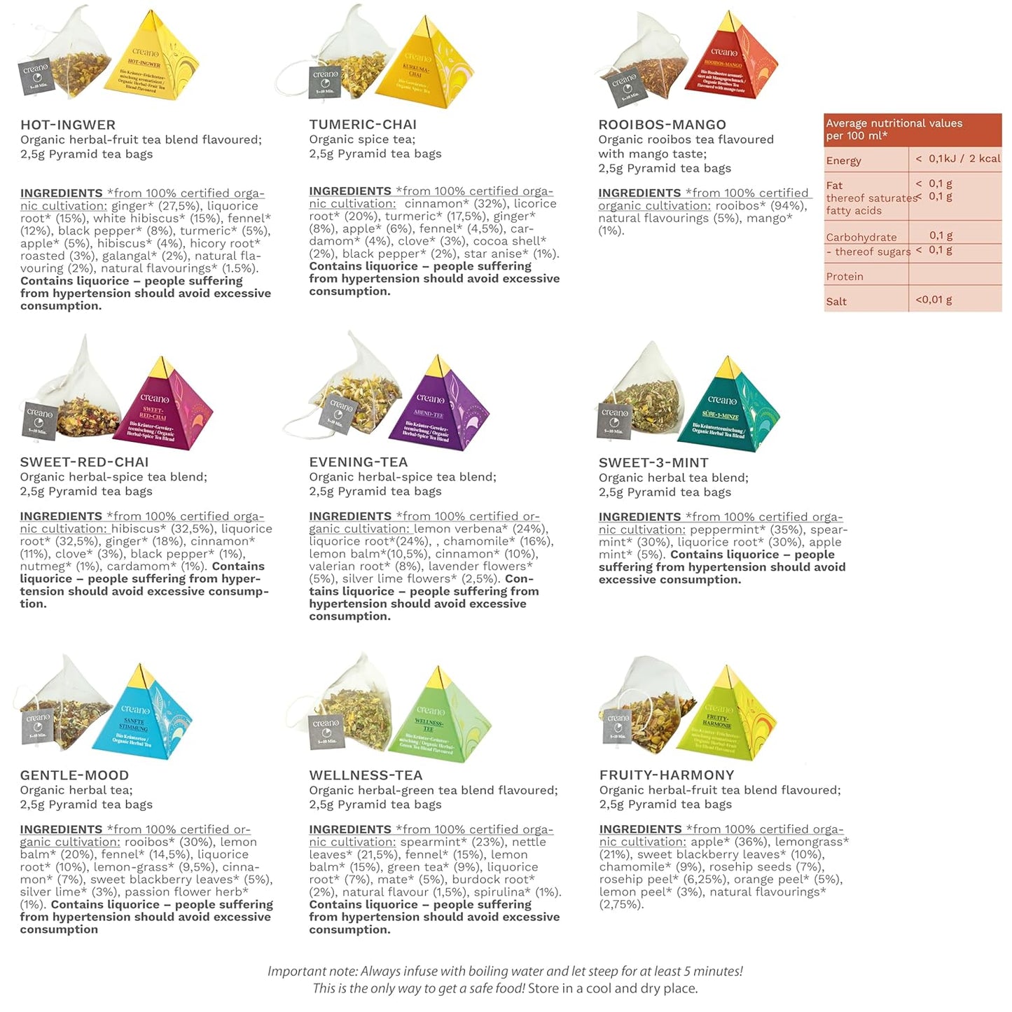 Creano Organic Herbal Tea Gift Set "Organic Herbal Tea" – 12 Pyramid Tea Bags in 9 Different Varieties – 22.5 g*