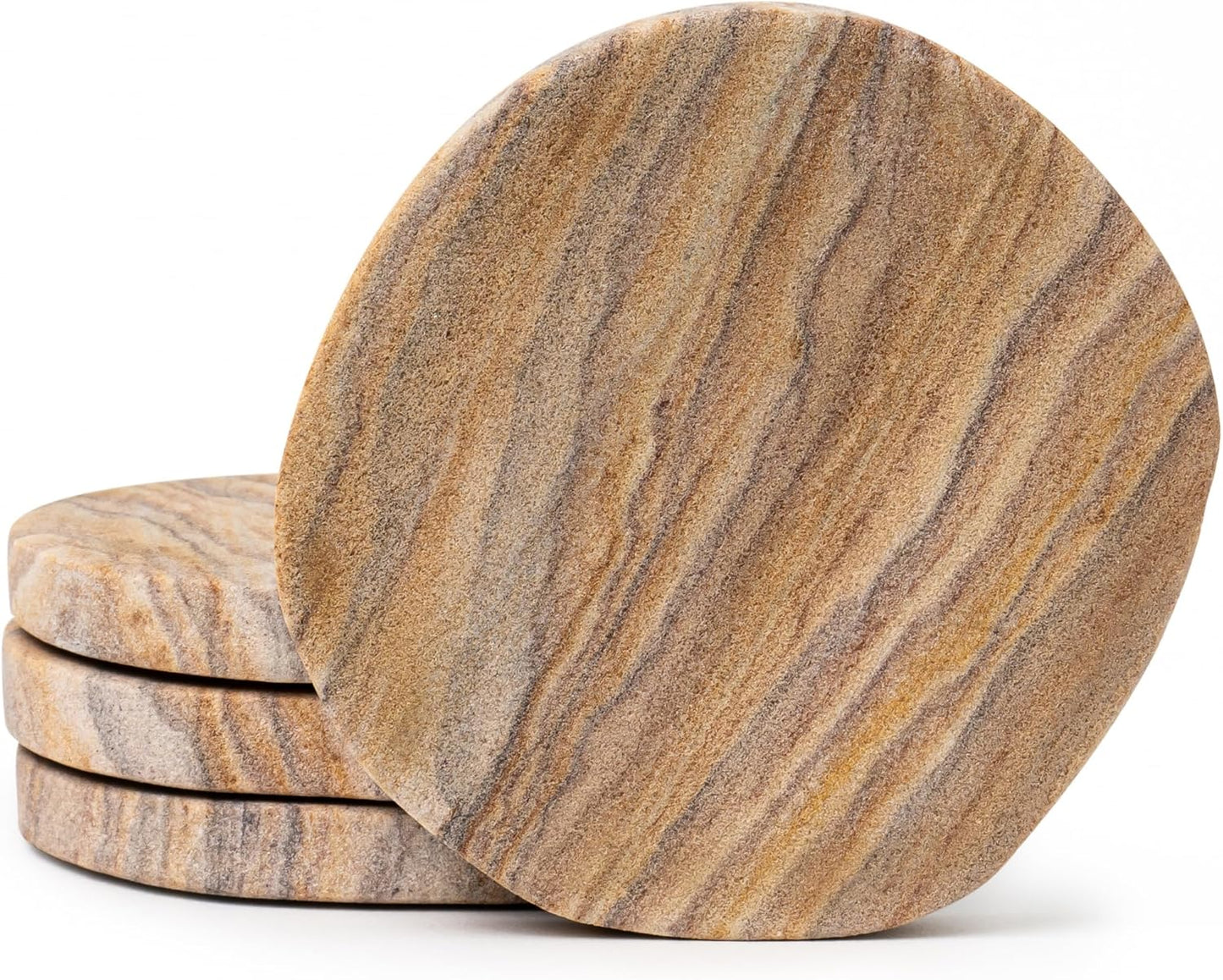 Cork & Mill Absorbent Coasters Set of 4 - Water Absorbing Sandstone Coasters for Drinks - Perfect for Coffee Table, Office Desk, Outdoor, Bedroom Nightstand - 4" Round - Unique Irregular Edge Design