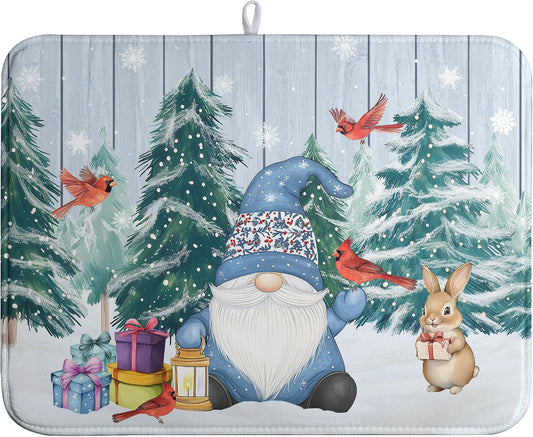 Winter Gnome Dish Drying Mat Christmas Tree Snowman Large Kitchen Mats Dish Drying Pad Bird Absorbent Dish Dryer Mat for Kitchen Countertops Microfiber Drainer Pad Dish Drying Mats (18x24 in)