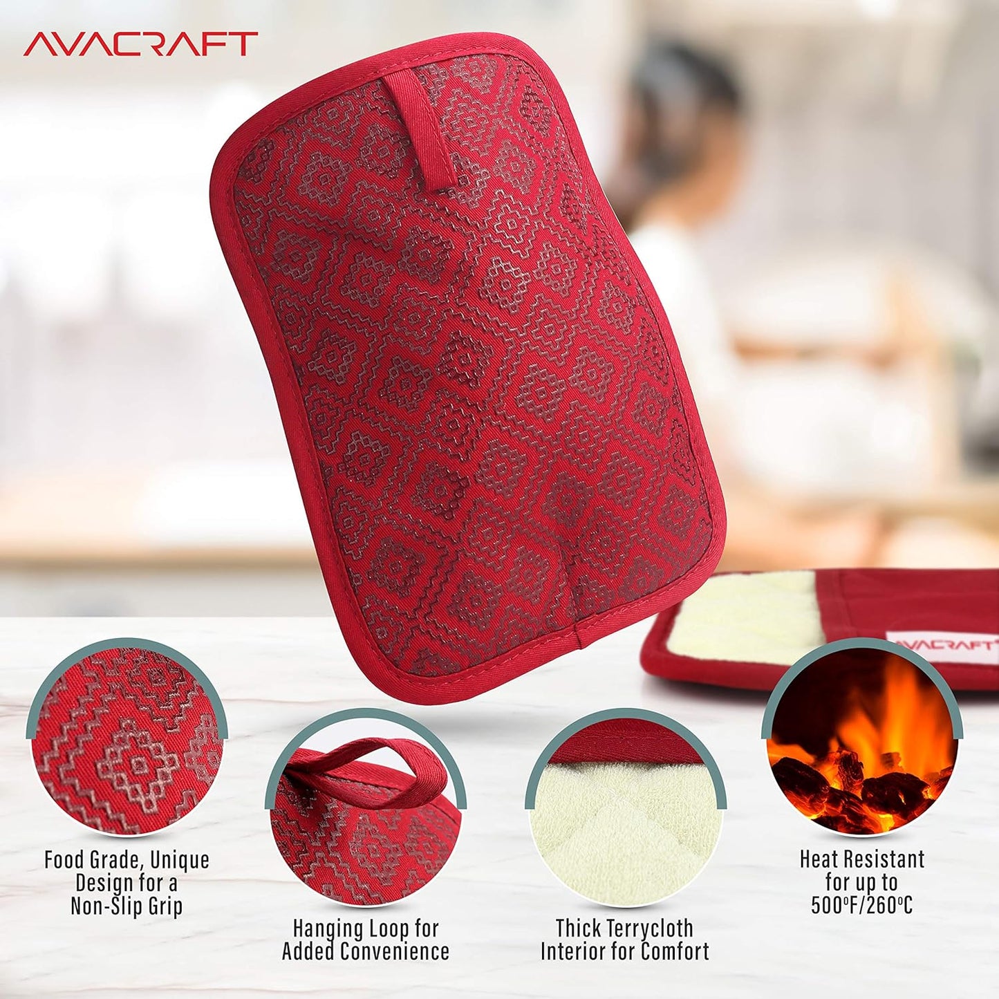 AVACRAFT Red Pot Holders Set, Flexible, 100% Cotton with Non-Slip Heat Resistant Silicone Design, Thick Terry Cloth Interior, Hot Pads, 500 F Heat Resistant Kitchen Mitts (Red Pot Holder)