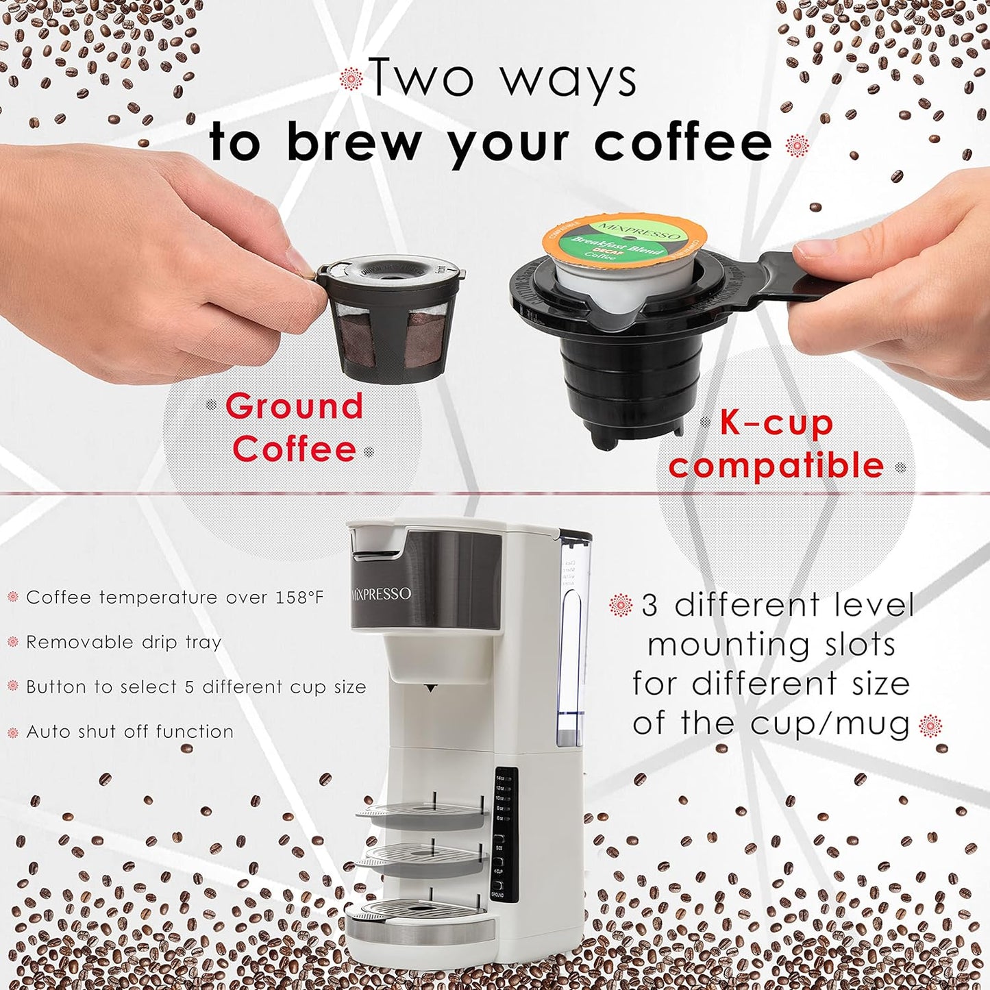 Mixpresso White Single Serve Coffee Brewer K-Cup Pods Compatible & Ground, 30 oz Compact Coffee Maker Single Serve With 5 Brew Sizes Up To 14 Oz, Fits Travel Mug, Adjustable Drip Tray