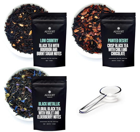 August Uncommon Sampler – Variety Tea Set of 3 Black Loose Leaf Tea Blends with a Crystal Scoop – Low Country, Painted Desert, and Black Metallic – Bold Flavors in Resealable Pouches (1.75oz Each)