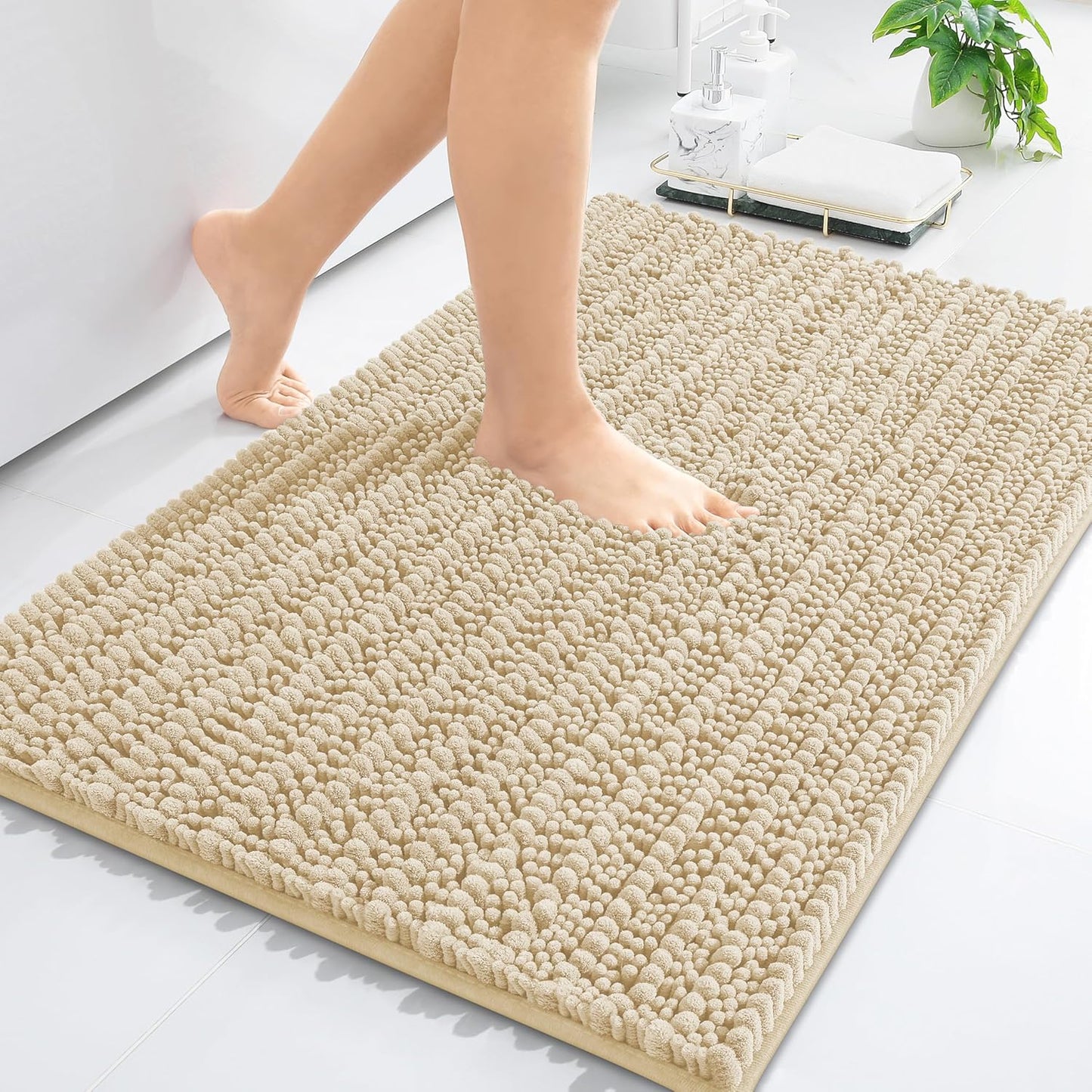 Arotive Luxury Chenille Bathroom Rug Mat, Extra Soft Thick Absorbent Shaggy Bath Rugs, Non-Slip Machine Wash Dry, Plush Bath Mats for Bathroom, Shower and Tub, 24x16, Cream Beige