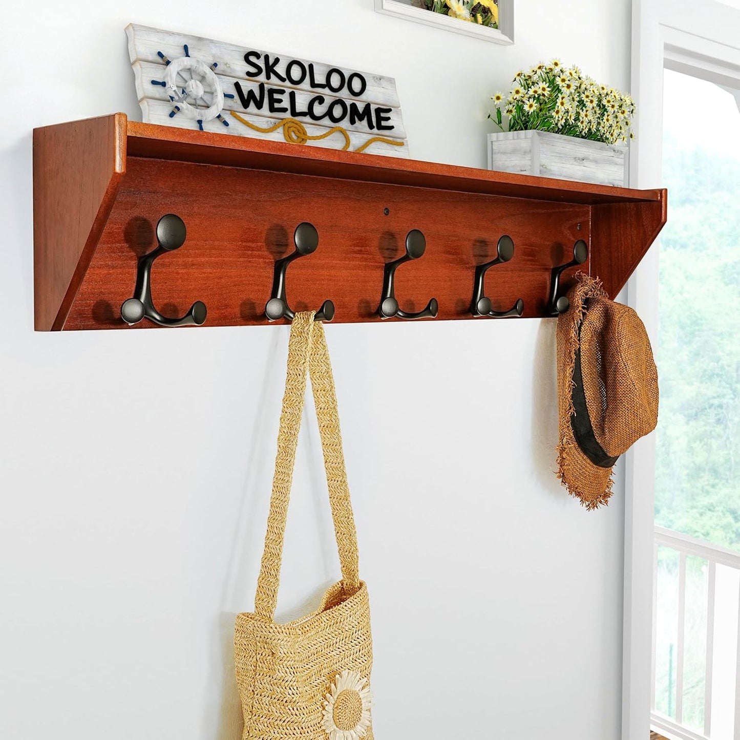 SKOLOO Wall Shelf with Hooks, 35-Inch Cherry Coat Rack Wall Mount with Shelf Organizer - Lightweight & Sturdy, 5 Tri Hooks - Perfect for Entryway, Hallway, Living Room, Bedroom, Mudroom