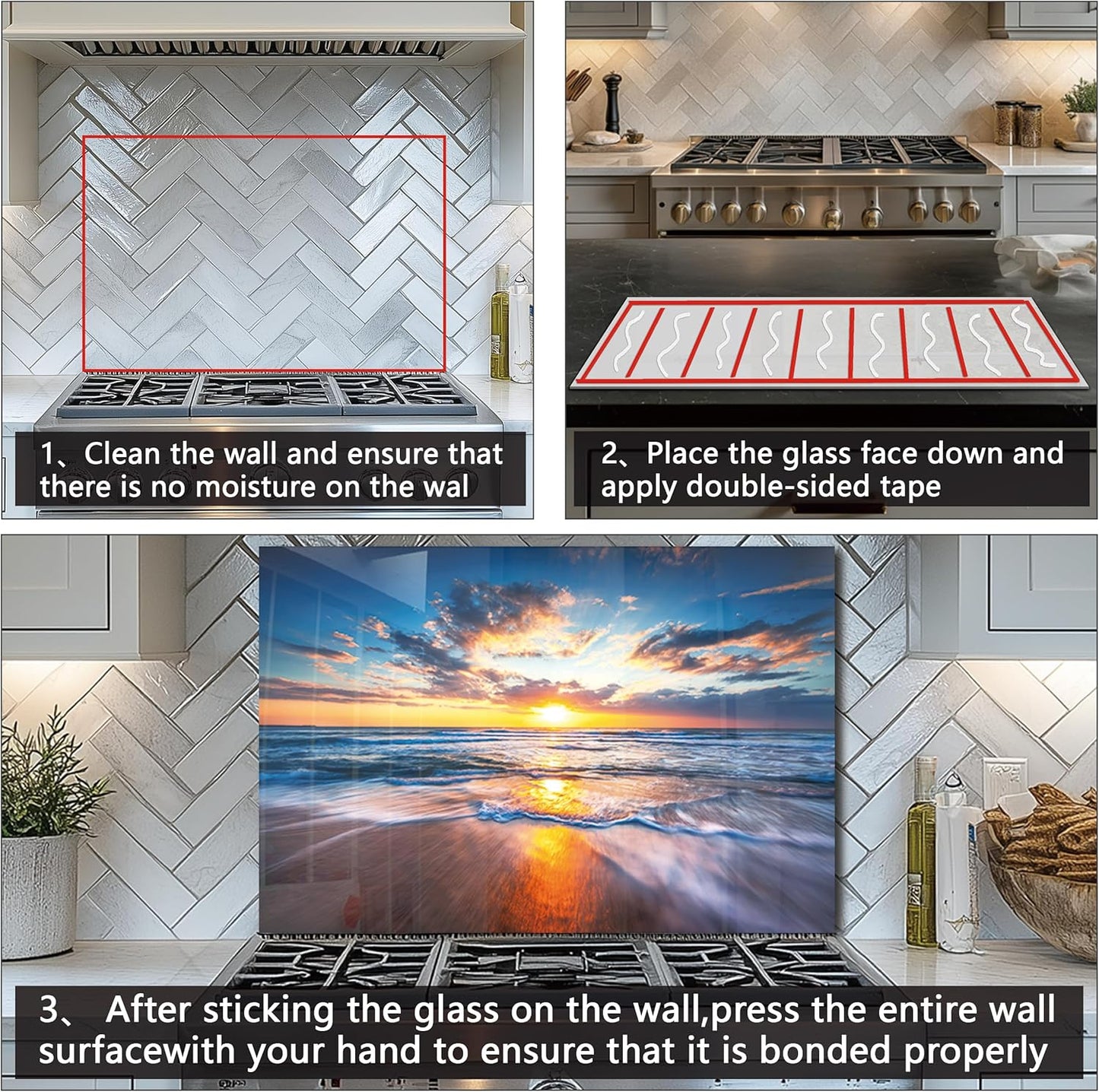 Tempered Glass Backsplash For Kitchen Behind Stove,Sea Beach Stove Backsplash Top Cover,Easy to Clean Glass Splashback, Sink Cover Splash Guard,Home Kitchen Wall Decor (30"x20"(76.2x50.8cm))