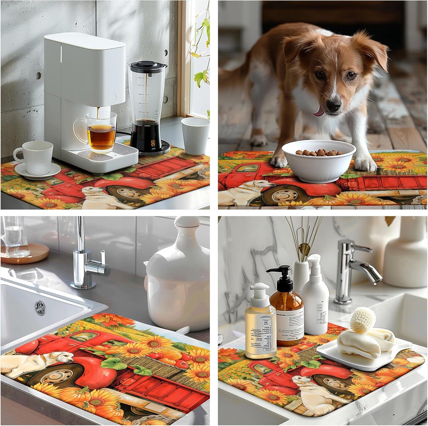 Sunflower Dish Drying Mat Pumpkin Fall Dish Drying Pad Thanksgiving Kitchen Drying Mat Truck Dish Drying Matt Autumn Harvest Dish Drainer Mat 18x24 In Coffee Maker Mats