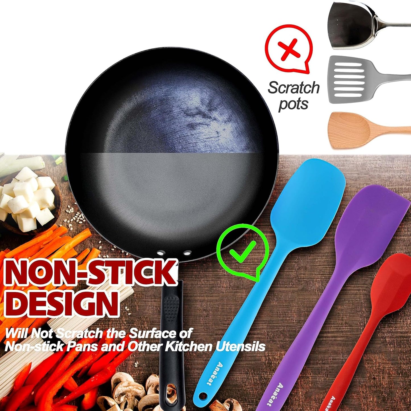 Anaeat Silicone Spatula Set of 5 - Seamless One-Pieces Design, Non-Stick Rubber Spatulas BPA Free Kitchen Scraper Flexible for Easy Baking, Cooking, Scraping & Mixing, Heat Resistant & Dishwasher Safe