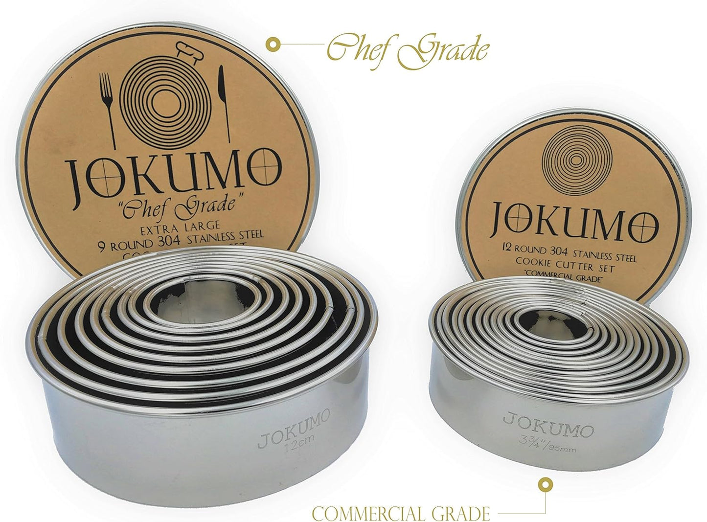 9 Piece Extra Large Chef Grade Plain Round Pastry/Cookie Cutter Set - Extra Thick Premium 18/8 304 Stainless Steel - Marked Size for Professional Chefs and Ambitious Home Cooks