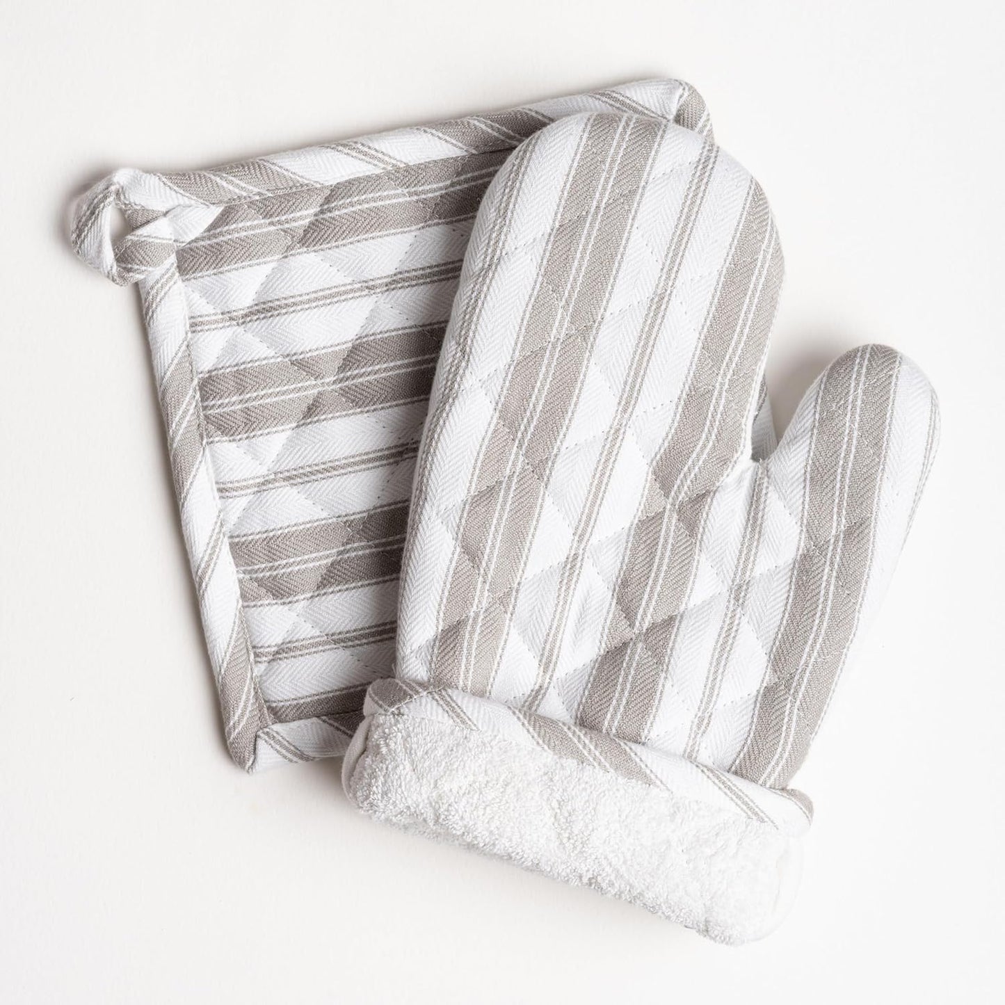 Oven Mitt & Potholder Set - Durable Heat Resistant Gloves - Thick Mittens for Kitchen - Suitable for Cooking, Baking, Grilling – BBQ - 1 Oven Mitts & 1 Potholders – Light Grey Stripes - Casa De Lan