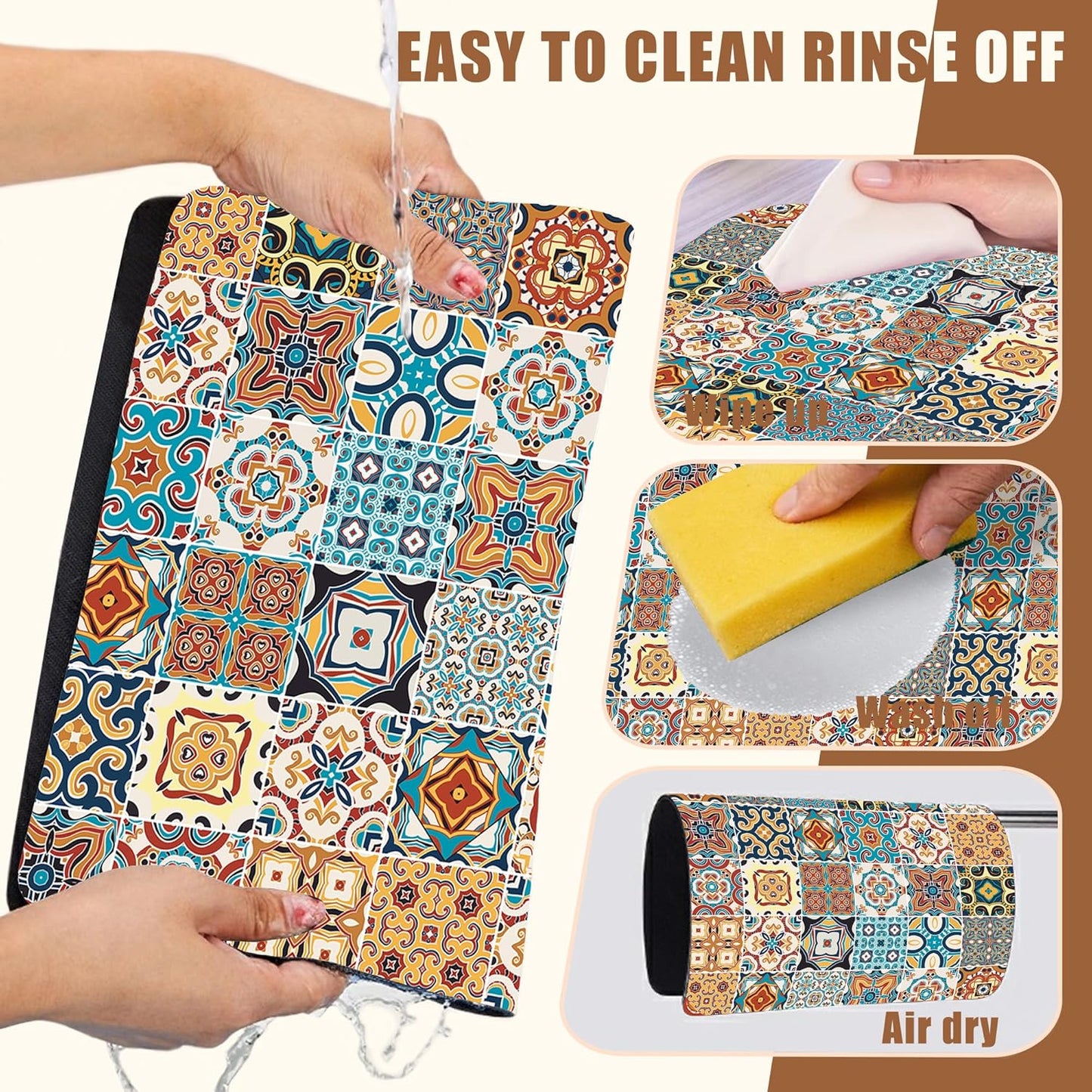 Dish Drying Mat Multicolor Portuguese Tiles Coffee Bar Mat for Countertop Absorbent Rubber Backed Hide Stain Dish Drainer Rack Pad Coffee Maker Espresso Machine Dining Room Decor 15.7 x 23.6 Inch