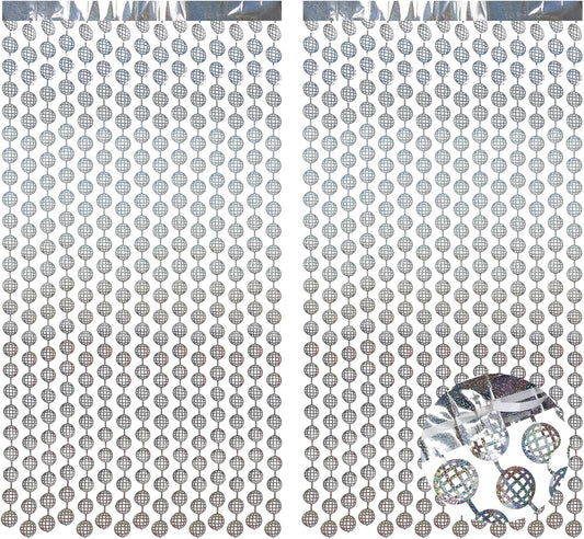 BRAVESHINE Hanging Balls Party Streamers Backdrop - 2 Pack Silver Tinsel Foil Curtain Photo Fringe Backdrop for 70s 80s Party, Birthdays, Bachelorette, Engagement, Music, Dance,New Years Decorations