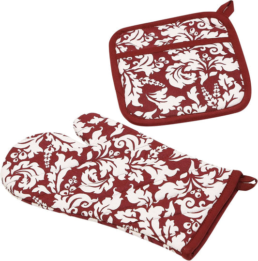 Yourtablecloth Set of Oven Mitt and Pot Holder or Oven Gloves-100% Cotton, High Heat Resistance, Superior Protection & Comfort–Elegant Design-Machine Washable-BlackBerry