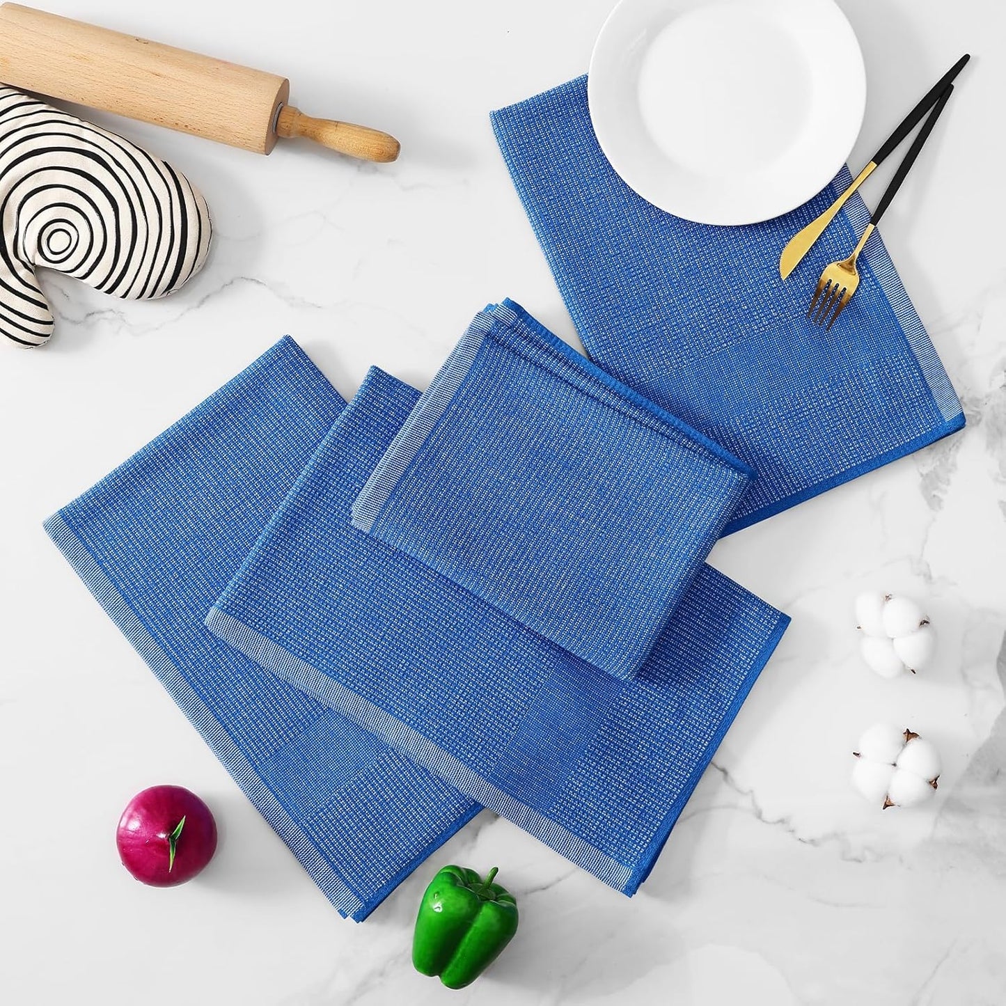 Homaxy Premium Kitchen Towels(18”x 28”, 8 Pack), Large Cotton Kitchen Hand Towels, Flat and Terry Dish Towels, 380 GSM Highly Absorbent Tea Towel Set with Hanging Loop, Blueberry