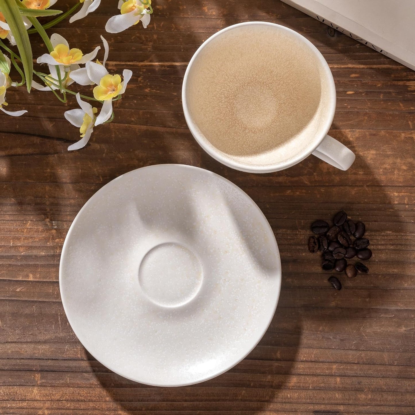 Ceramic Latte Art Mug With Saucer - 10 oz, Round Bottom For Perfect Pours - Cafe Cups for Cappuccino, Espresso, Coffee, Tea - Handmade Porcelain Set for Baristas, Great Gift - Apricot