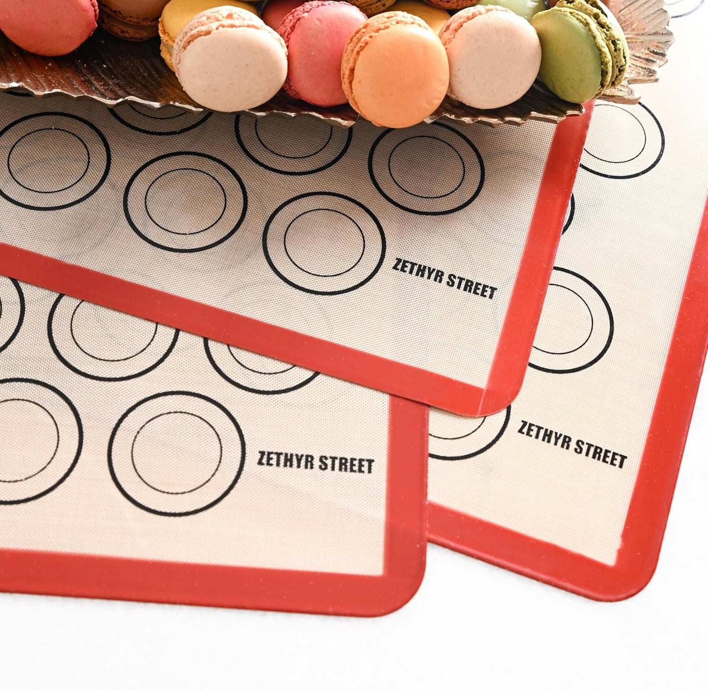 Macaron Silicone Baking Mats - Non-Stick Macaron Mat for Easy Baking | Heat Resistant & Dishwasher Safe Macaron Baking Mat | Reusable & Eco-Friendly, 3/4 Size - Pack of 3 - For Macarons Red Border