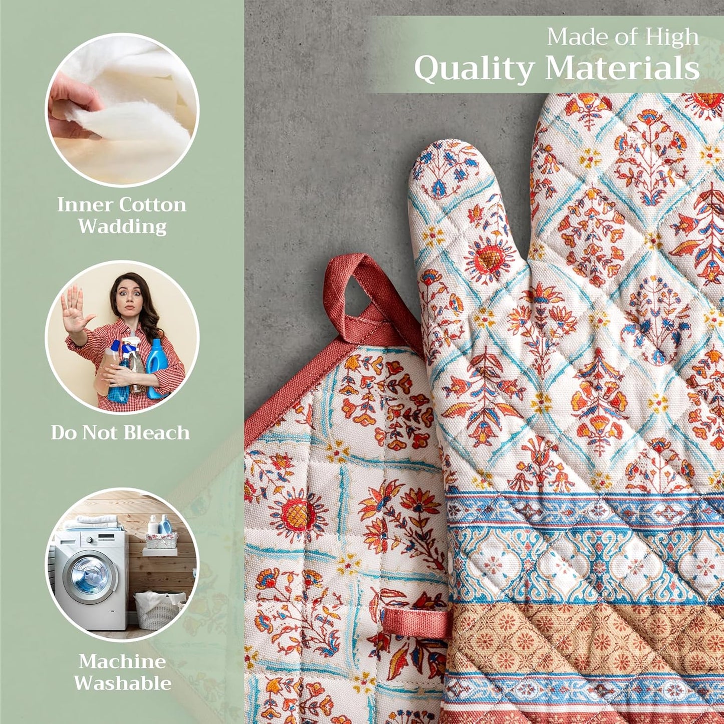 Maison d' Hermine 100% Cotton Oven Mitt & Pot Holder Set (7.5"x13" & 8"x8") Heat Resistant BBQ Cooking Gloves with Loop, Baking, Grilling, Kitchen, Handling Hot Pans (Romane)