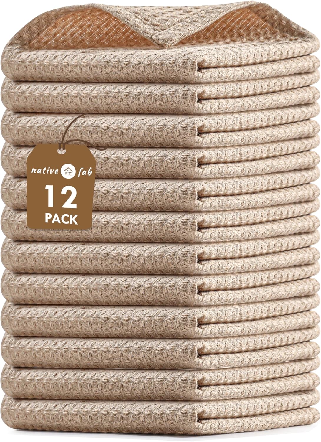 Native Fab Waffle 12 Pack Dish Cloths - 100% Cotton, Absorbent, Quick Drying, Washable Towels for Cleaning, Cooking & Baking - Great for Daily Use, Home, Restaurants, Cafes - 12" x 12" - Beige