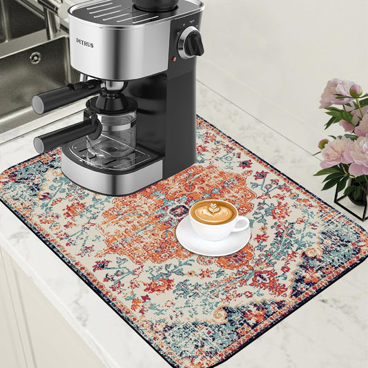Persian Vintage Boho Carpet Coffee Mat Dish Drying Mat for Kitchen Counter Absorbent Hide Stain Rubber Backed Coffee Bar Accessories Fit Under Espresso Machine Dish Drainer 15.7 x 23.6 Inch