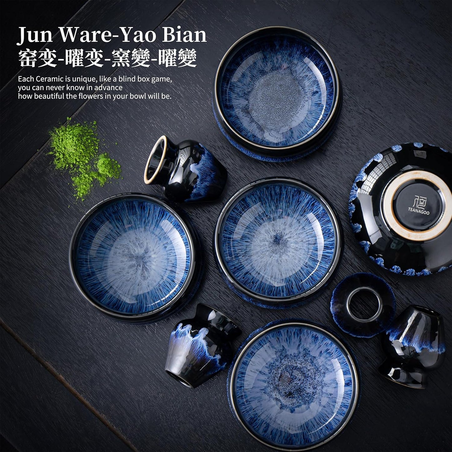 TEANAGOO 7 Pcs Matcha Whisk Set, Matcha Set for Ceremony, Matcha Kit Junware-Blue, Matcha Tea Set for Making Breakfast/Latte, Matcha Whisk Gift Set and Bowl with All Accessories