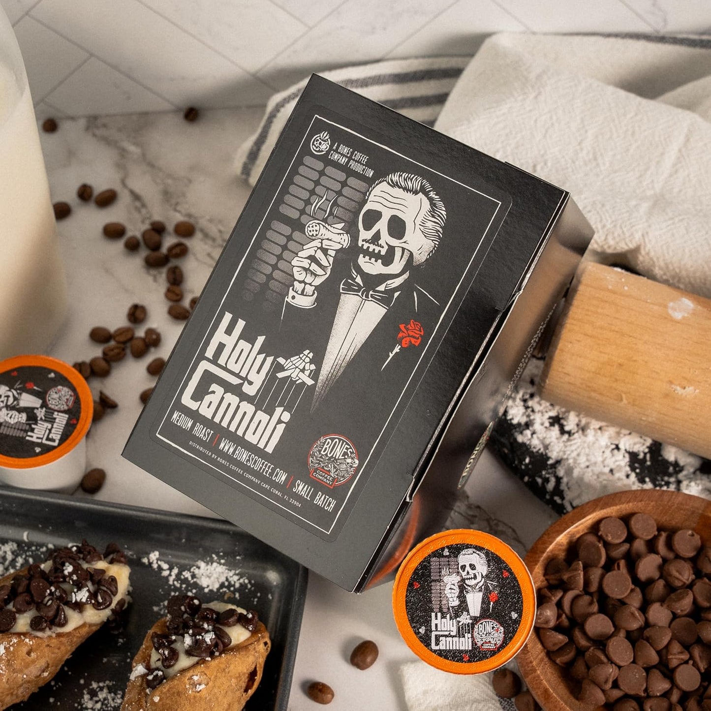 Bones Coffee Company Flavored Coffee Bones Cups Holy Cannoli Flavored Pods | 12ct Single-Serve Coffee Pods Compatible with Keurig 1.0 & 2.0 Keurig Coffee Maker