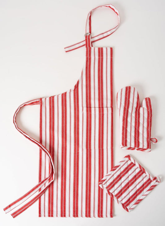 1 Oven Mitt, 1 PotHolder & 1 Kitchen Apron Set - Durable Heat Resistant Gloves - Thick Mittens for Kitchen - Suitable for Cooking, Baking, Grilling – Men & Women – Bright Red Stripes - Casa De Lan