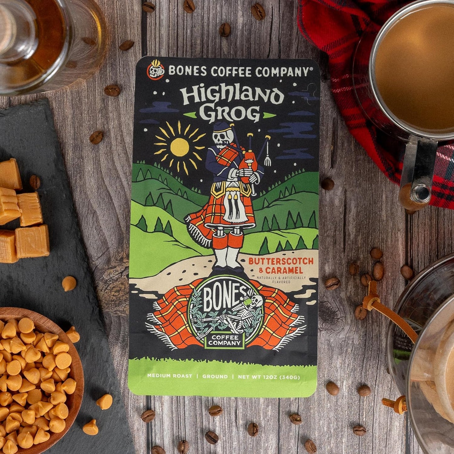 Bones Coffee Company Highland Grog, Butterscotch Caramel Flavored Coffee, Medium Roast Low Acid Arabica Beans Compatible with Auto drip and French Press Coffee Maker, 12 Oz Whole Bean