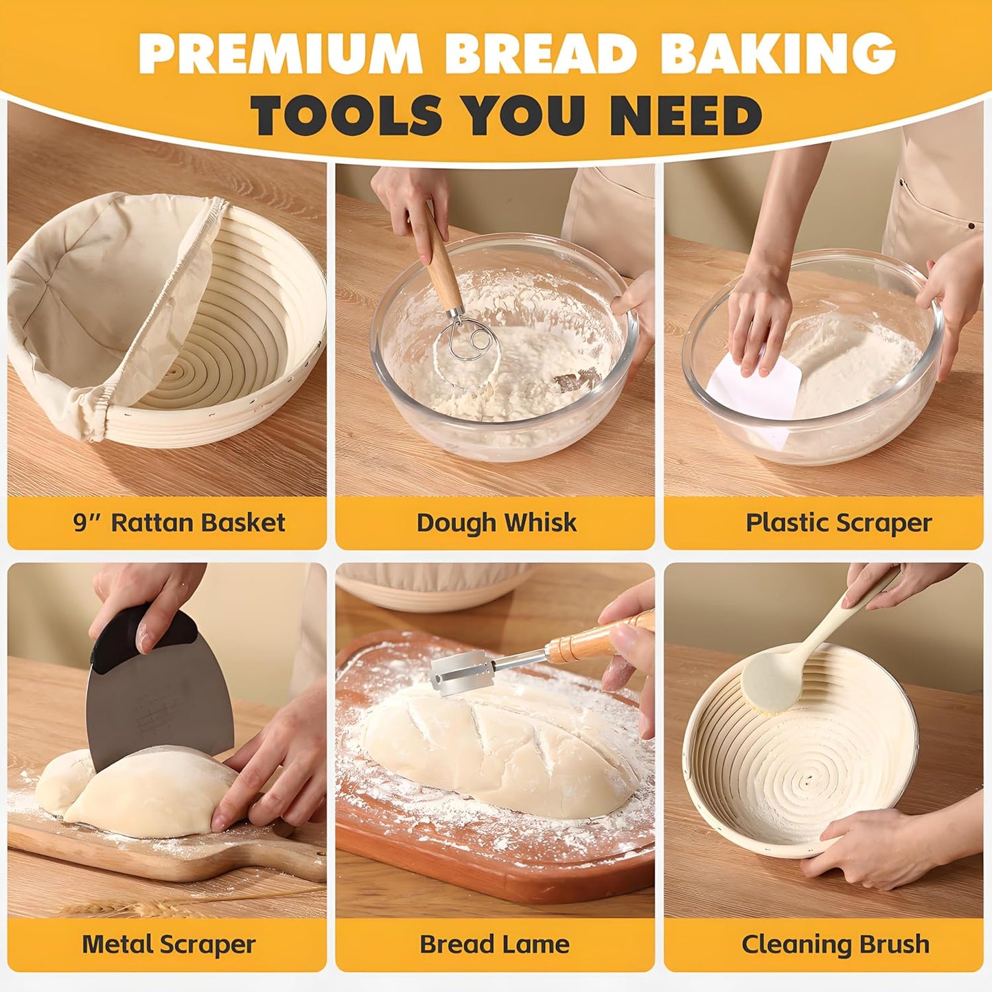 Sourdough Bread Baking Supplies, Sourdough Starter Kit, 9 Inch Round Banneton Basket with Cloth Liners, Dough Scrapers, Dough Whisk, Dough Cutter, Bread Lame for Making Baking Fermentation
