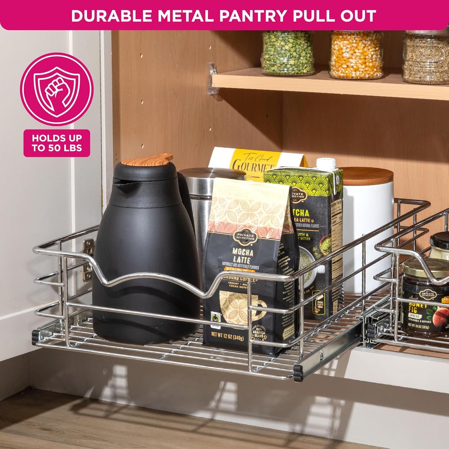 HOLDN’ STORAGE Heavy-Duty Premium Collection Pull Out Cabinet Organizer, Cabinet Drawer Slide Outs, Lifetime Limited Warranty - Basket Size 11" W x 21" D x 5" H, Anti-Rust Chrome Finish