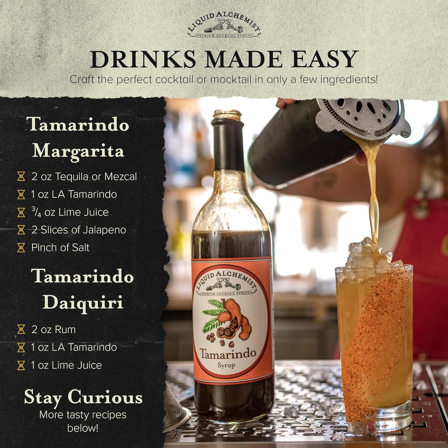 Liquid Alchemist Tamarind Syrup for Cocktails - Real Ingredients Make our Tamarindo Syrup the Perfect Spicy Margarita Mix - Made with Fresh Tamarind Puree & All Natural Tamarind Concentrate (12 oz)