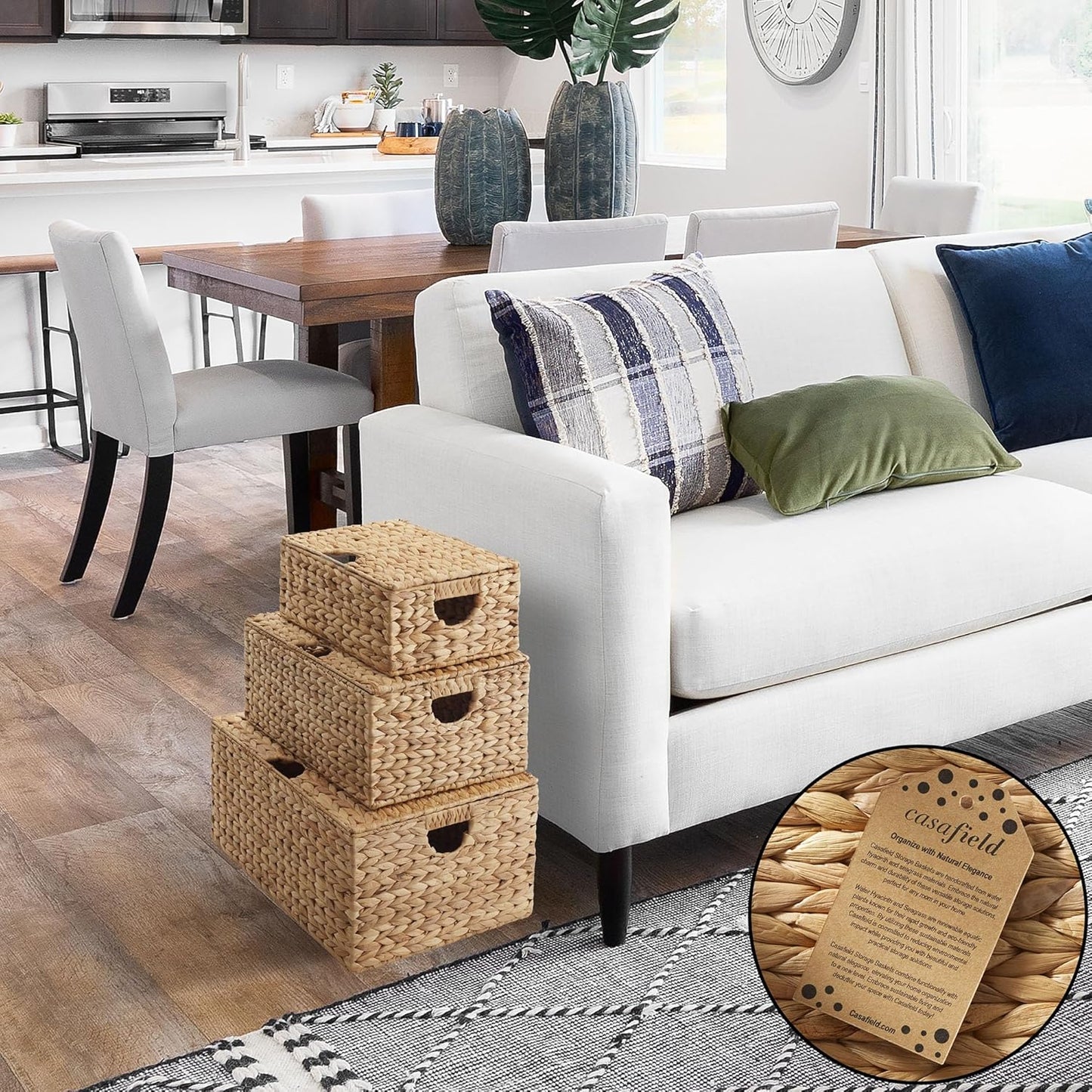 Casafield Set of 3 Water Hyacinth Rectangular Storage Baskets with Lids (Natural - Small/Medium/Large) for Bedroom, Bathroom, Laundry, Home Office