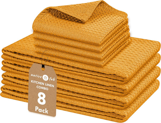 Native Fab Cotton Kitchen Towel & Dish Cloth 8 Piece Set - Machine Washable, Absorbent & Durable Towels for Cleaning, Cooking, Baking - Ideal for Home, BBQ, Everyday Use - Mustard Yellow