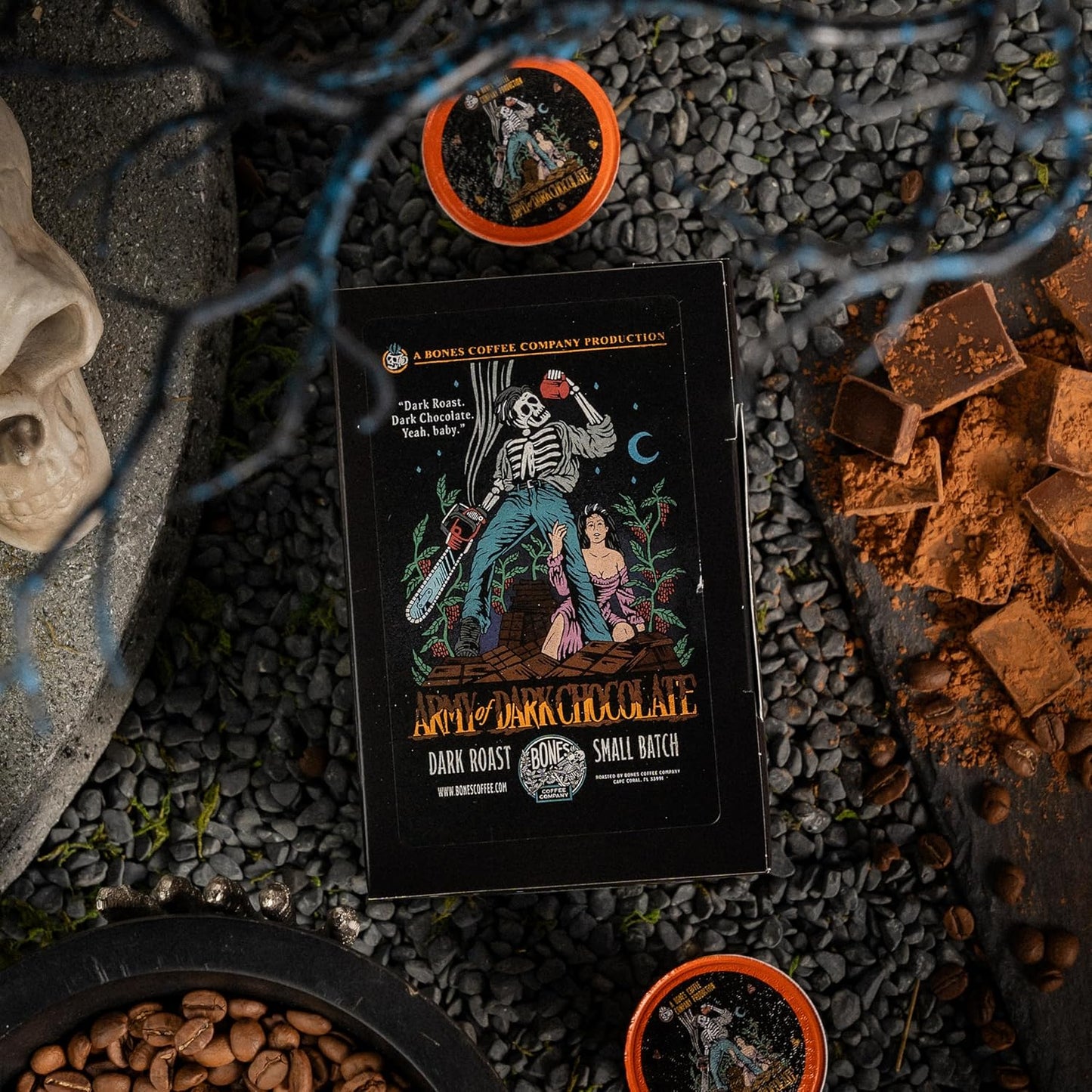 Bones Coffee Company Army of Dark Chocolate Flavored Coffee Pods, Low Acid Medium Roast Single-Serve Bones Cups, Compatible with 1.0 & 2.0 K-Cups Brewers Coffee Maker, 12 Count