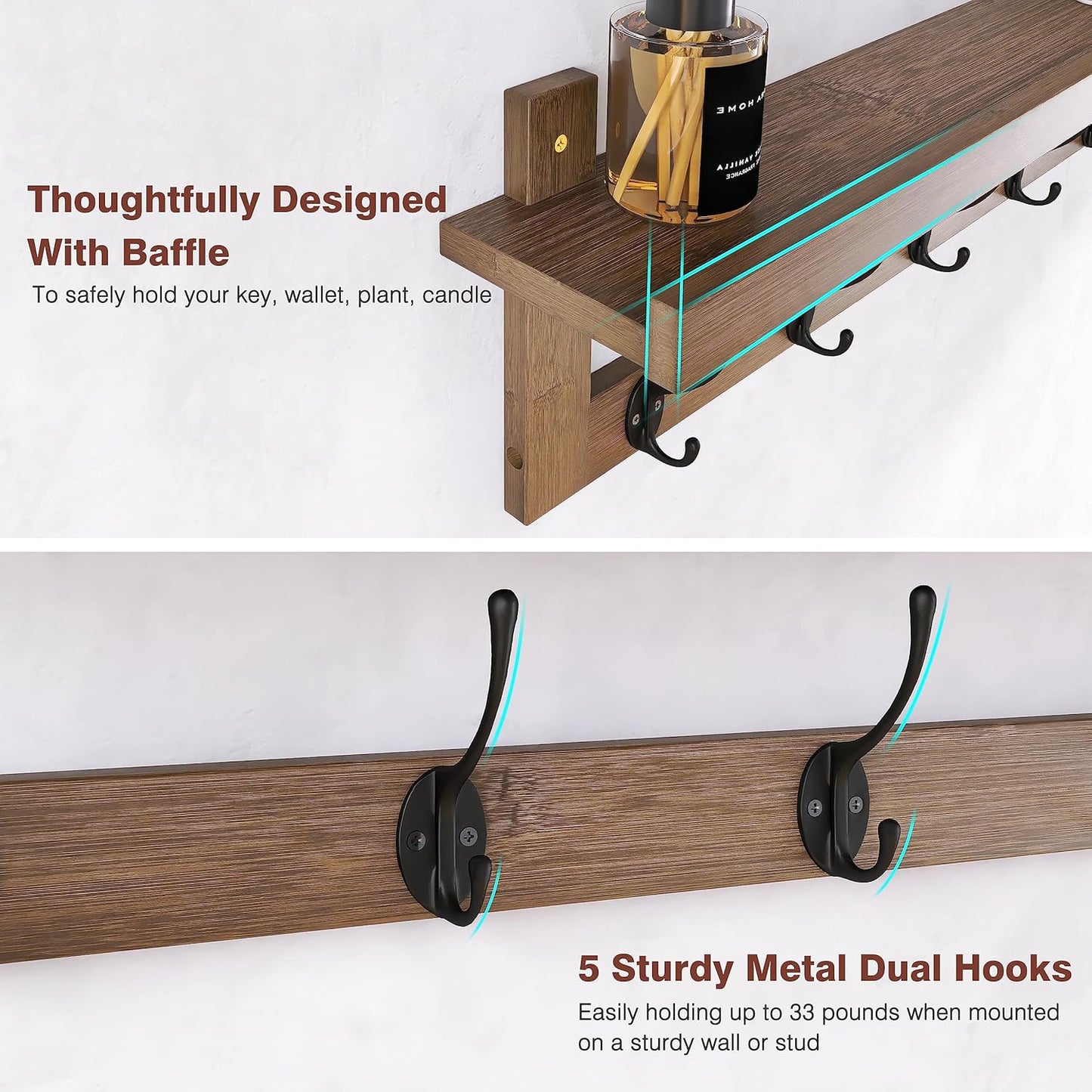 SMIBUY Coat Hooks with Shelf Wall-Mounted, 29.2 Inch Entryway Coat Rack for Wall, Bamboo Hanging Shelf with 5 Double Metal Hooks for Bathroom, Bedroom, Kitchen, Living Room, Mudroom (Walnut)
