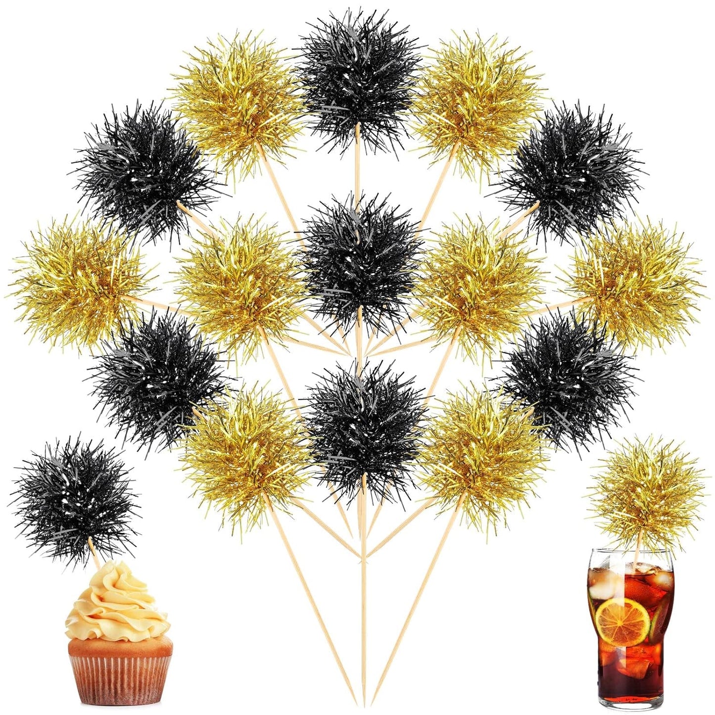 Chinco 100 Pcs Foil Firework Cupcake Toppers Sparkle Tinsel Cake Toppers Cake Decoration Cocktail Fruit Toothpick for Birthday Wedding Graduation Party(Black, Gold)